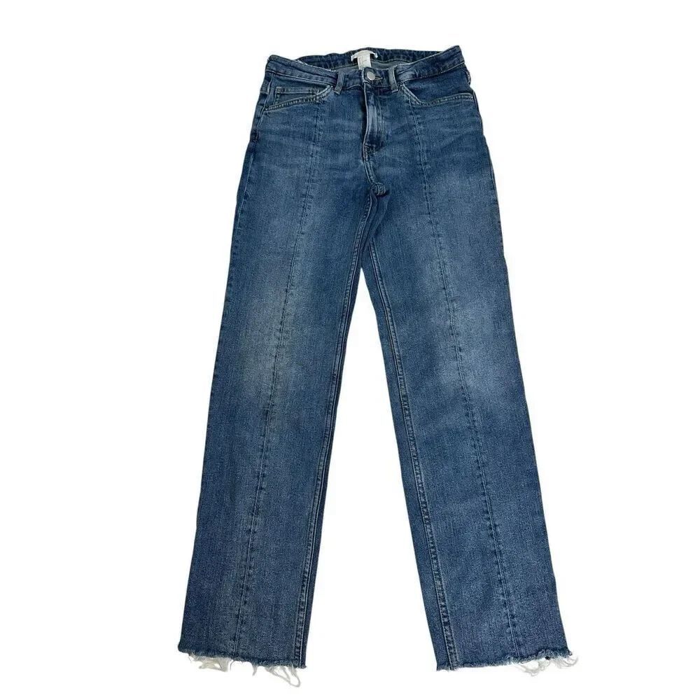 H&M Medium Wash Straight Leg Raw Hem Ankle Mid Rise Jeans Size 6 Waist 26 Inch